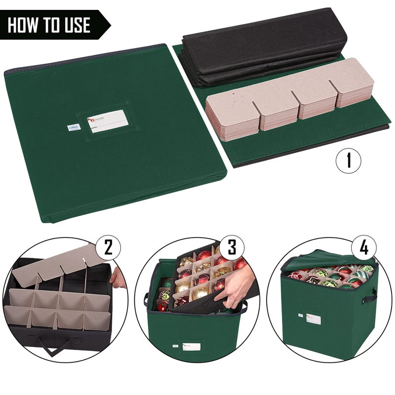 Primode Christmas Ornament Storage Box, 4 Individual Trays Xmas Storage Container, Fits 64 Ornaments Decoration Balls, Constructed of Durable 600D Oxford Material (Green) - Image 3